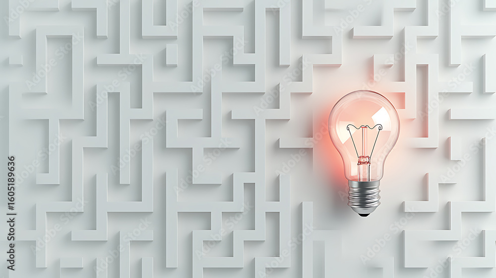 Poster light bulb against labyrinth. abstract, finding the solution, new idea or innovation concept, standi