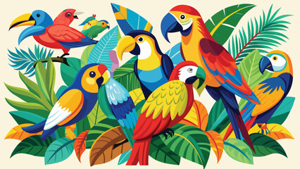 Obraz premium Colorful Parrots and Tropical Birds on Leaves Jungle Scene