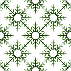 Delicate christmas background of green snowflakes. Winter ornate seamless pattern of stars. Cute winter ornament of green snowflakes on white background. Decor of snowflakes with eight rays