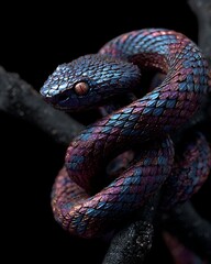 Obraz premium Closeup of a beautiful iridescent viper coiled on a branch