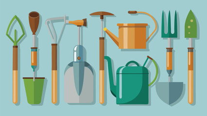 Gardening tools watering cans trowels spades forks vector