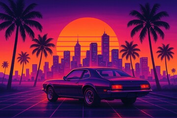 Retro synthwave sunset drive with classic car and neon city horizon