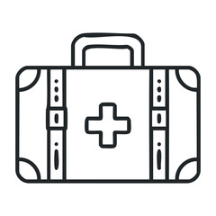 Obraz premium First aid kit icon with cross symbol in black line design. Vector illustration