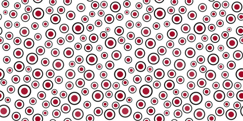 Seamless pattern with round elements. Ornament of random circles and dots. Red, black circular motifs on white background. Simple abstract geometry ornament for holiday decor.