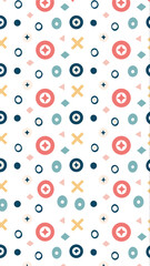 Whimsical abstract pattern featuring repeating circles ovals and x shapes in a playful color palette