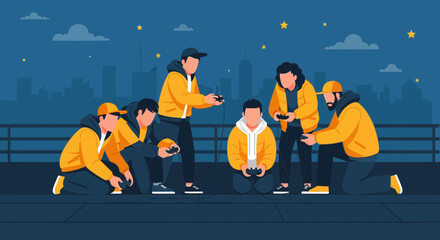 Urban Gamers Enjoying a Night of Video Games Under the City Skyline