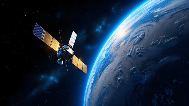 Sleek High-Tech Artificial Satellite Orbiting Earth Amid Twinkling Stars