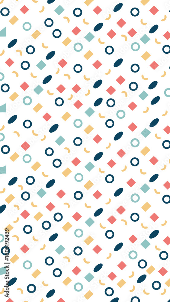 Poster whimsical abstract pattern featuring scattered colorful oval shapes and diamond motifs on a white ba