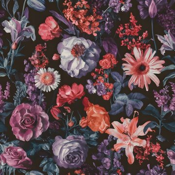 Fototapeta Dark romantic floral wallpaper with rich jewel tones and a seamless repeat pattern