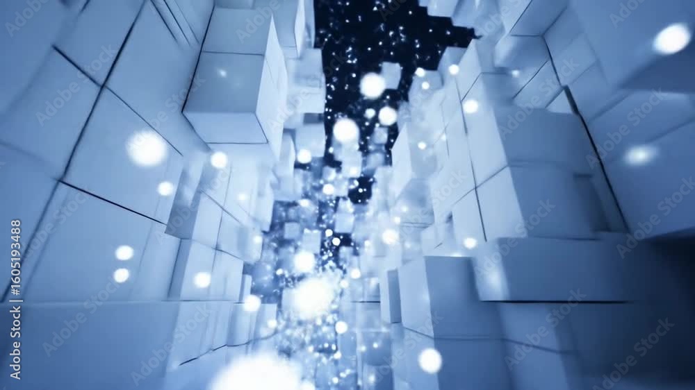 Wall mural abstract 3d cubes and floating particles in futuristic blue tunnel for technology backgrounds.