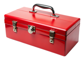   classic bright red metal toolbox with a black hand isolated on white background PNG , AI GENERATED