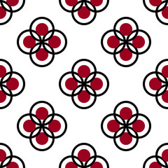 Seamless pattern of stylized square flowers. Ornament of repeating round elements. Red, black circular motifs on white background. Floral geometry folk ornament for holiday decor.
