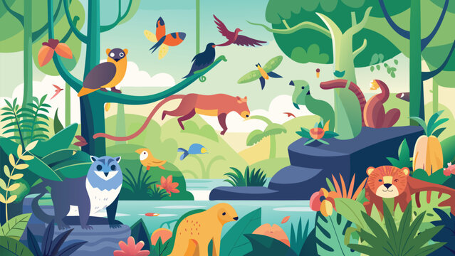 Vibrant jungle scene with diverse animals and lush foliage rainforest wildlife