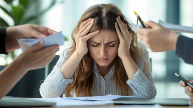 Office worker experiencing intense work related stress. Struggling with mounting paperwork and overwhelming deadlines while facing additional pressure from colleagues in crowded workplace environment