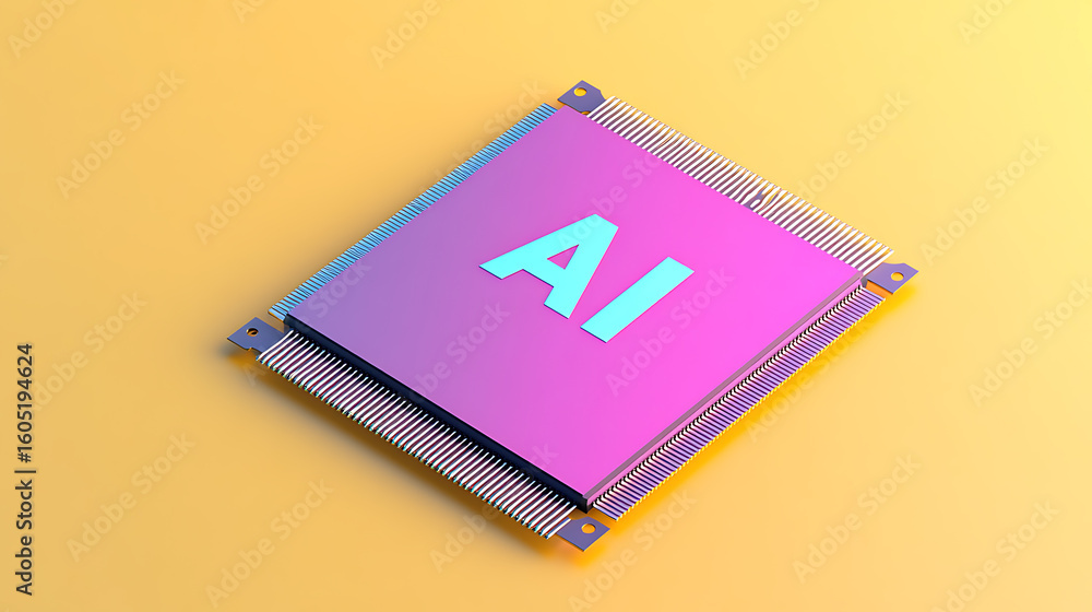 Poster artificial intelligence microchip: a pink and purple computer chip labeled 'ai' against a yellow bac