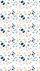 Abstract watercolor splatter pattern featuring organic oval shapes in a lively palette of blues greens pinks and yellows