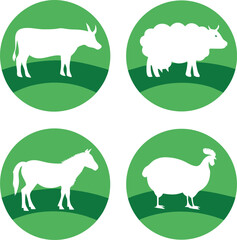 Four white farm animal silhouettes on green grassy hills inside circles sheep horse