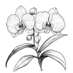 Orchid flower drawing showcasing intricate details of petals and leaves against a plain background