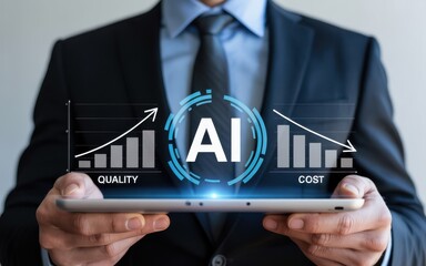 Concept of using artificial intelligence in business. A businessman holds a tablet showing how AI technology improves quality and reduces costs.