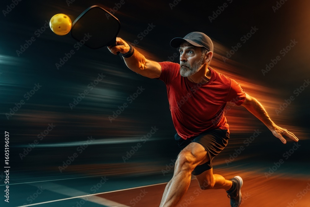 Aufkleber senior athlete executing dynamic pickleball serve with explosive energy and competitive determinatio