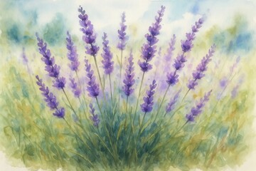 Fototapeta premium Delicate botanical watercolor illustration featuring lavender field in full bloom with soft purple hues and artistic brushstrokes