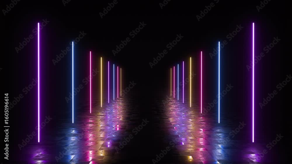 Poster futuristic neon tunnel loop animation with colourful lights for sci-fi, gaming & virtual events