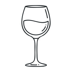 Black and white outline of a wine glass with liquid inside. Vector illustration