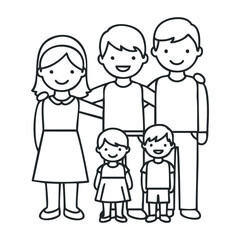 Cartoon family portrait with smiling characters including parents and children. Vector illustration