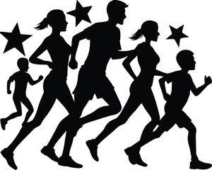 family doing charity run silhouette, family running for charity silhouette