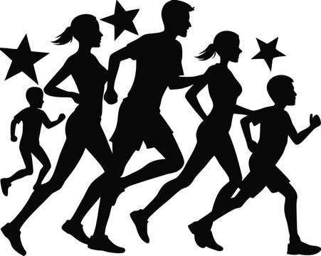 family doing charity run silhouette, family running for charity silhouette - Powered by Adobe