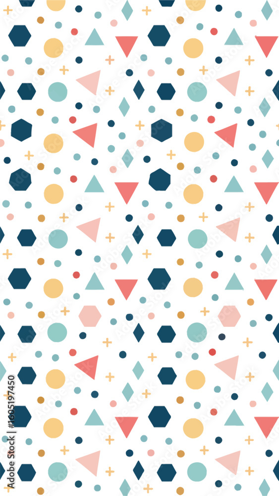Poster a whimsical pattern of colorful geometric shapes and abstract forms scattered across a white backgro