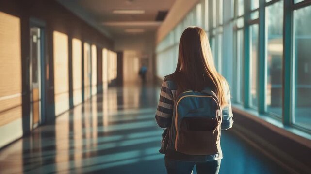 Young female student walking down school hallway with backpack, heading to class as sun shines through windows, creating a bright and optimistic atmosphere