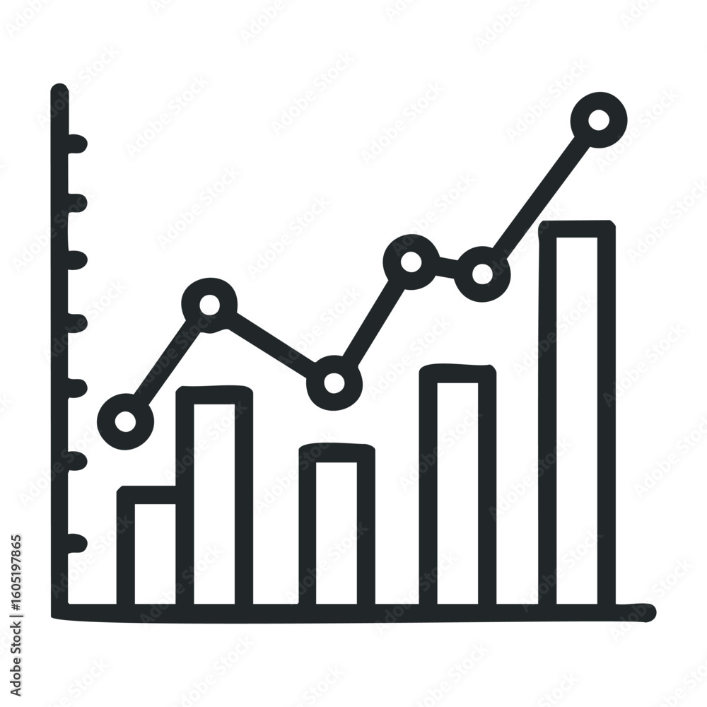 Poster monochrome bar and line graph illustration with statistical data analysis elements. vector illustrat