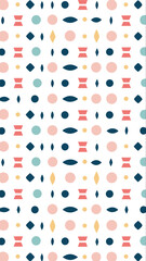 Whimsical abstract geometric pattern featuring pastel shapes and repeating organic forms on a white background