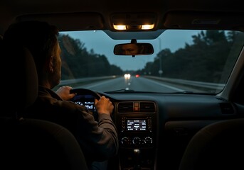 A person driving a car at night, looking ahead on a highway.
