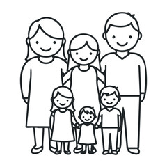 Diverse family: caucasian adults with young and child children in a simple outline style. Vector illustration