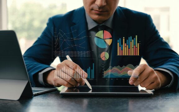 A businessman in a suit analyzes financial data using a stylus on a tablet, with holographic charts and graphs displaying business intelligence insights.