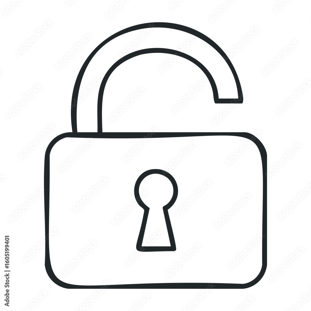 Poster simple open padlock line drawing symbolizing access and security concepts. vector illustration