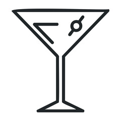 Martini glass outline with olive garnish in minimalist cocktail icon design. Vector illustration