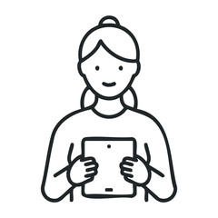 Smiling young caucasian female holding tablet with simple line art style. Vector illustration