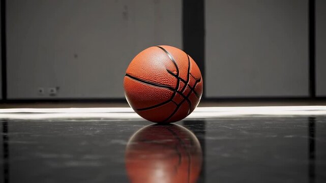 Polished basketball court surface mirroring spinning leather ball, reflecting professional sports equipment against neutral gray studio background with soft motion and detailed texture