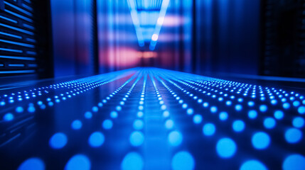A macro photo captures blue neon-lit stacked blade servers in a data center, providing space for text.