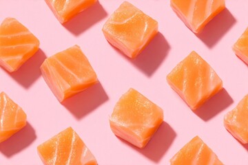 Cubes of fresh raw salmon arranged in a seamless pattern on pink background. Food and cooking concept for restaurant branding.