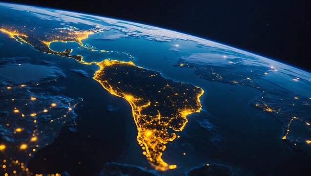 Illuminated south america at night as seen from space with city lights glowing