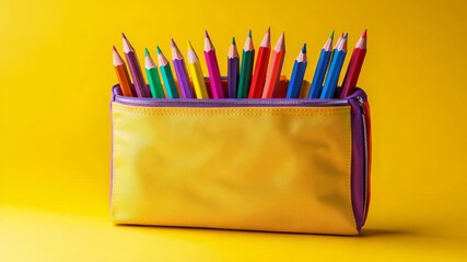 Yellow pencil case spilling colorful pencils through partially opened zipper, resting against bright yellow background, embodying school preparedness and creative energy - Powered by Adobe