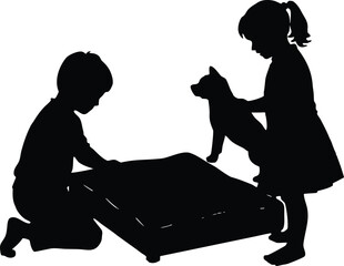 siblings building pet bed silhouette, siblings assembling pet bed silhouette