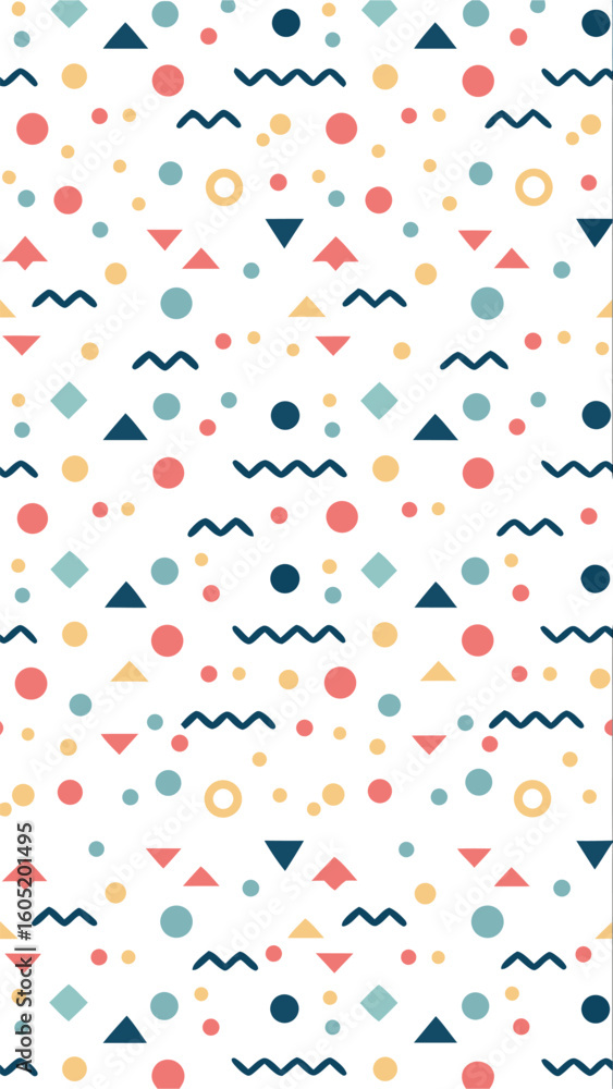 Poster whimsical pattern of colorful abstract shapes and wavy lines on a white background