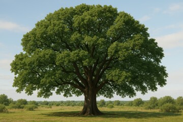 Fototapeta premium Majestic green oak tree with full canopy isolated on white background for landscape design