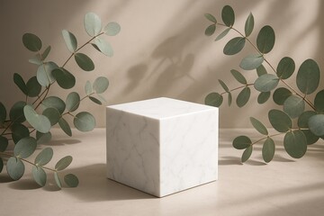 Minimalist white marble platform showcasing luxury beauty products with soft ambient lighting and botanical elements