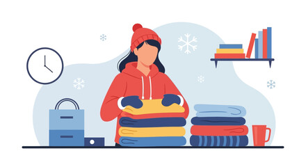 Naklejka premium Woman Prepares Winter Clothes For Cold Season With Snowflake Decoration